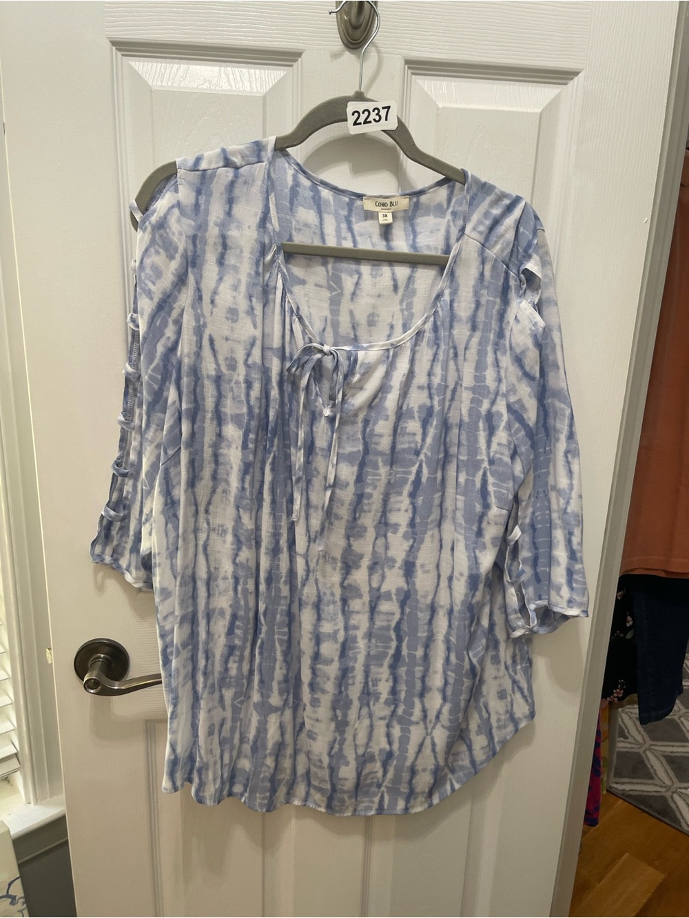 Cato Blue and White Tie-Dye Peasant Blouse with Front Tie - Picture 2 of 13